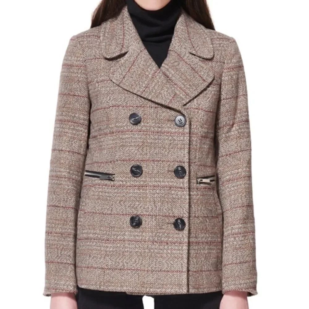 Maralyn Me Juniors Notched-Collar Double-Breasted Peacoat Brown Red Plaid XXL